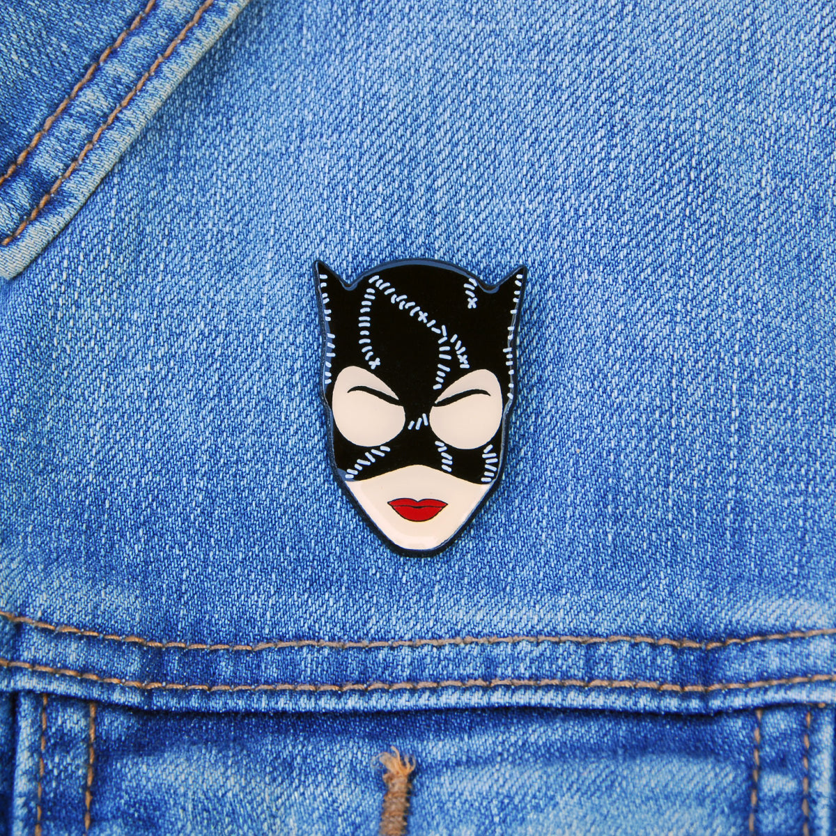 Catwoman Lapel Pin, On jean jacket