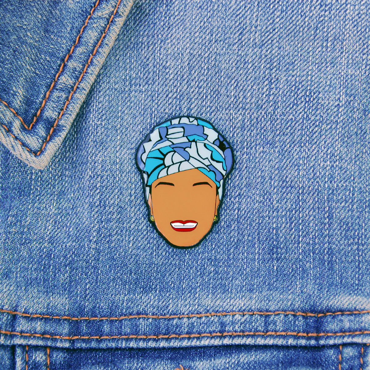 Maya Angelou Lapel Pin, On jean jacket