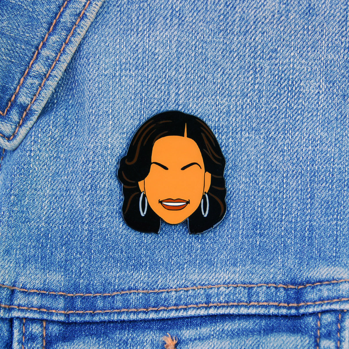 Michelle Obama lapel pin, On jean jacket