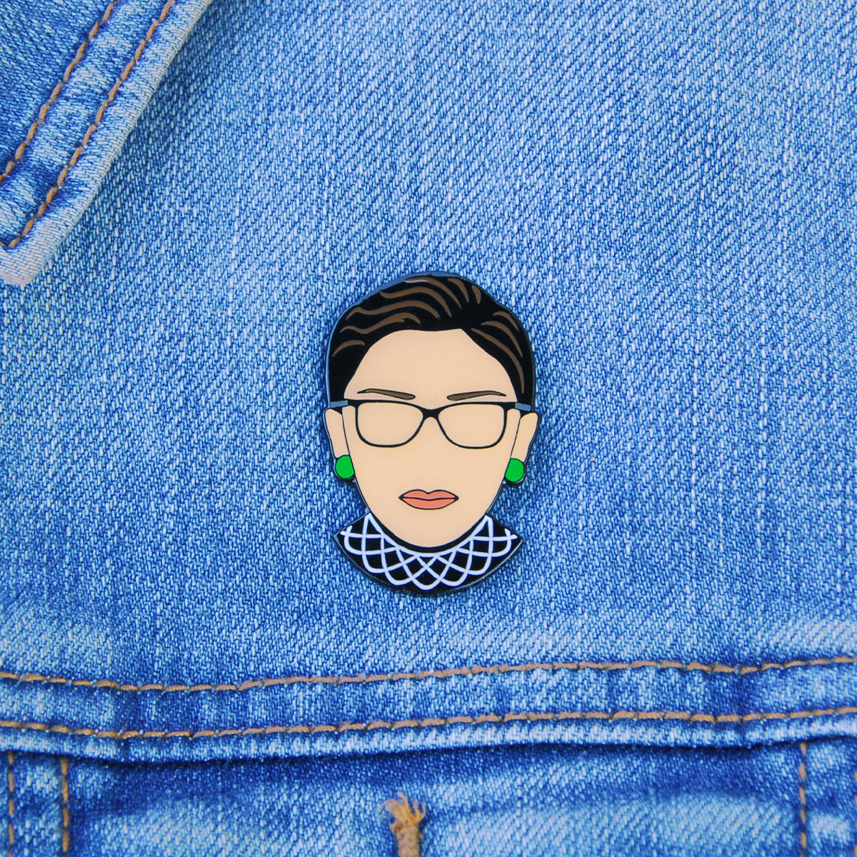 Ruth Bader Ginsburg Lapel Pin, On jean jacket