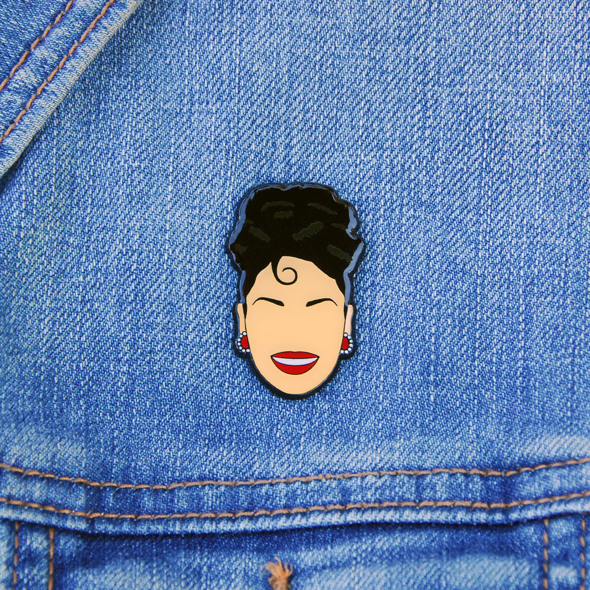 Selena Quintanilla Lapel Pin, On jean jacket